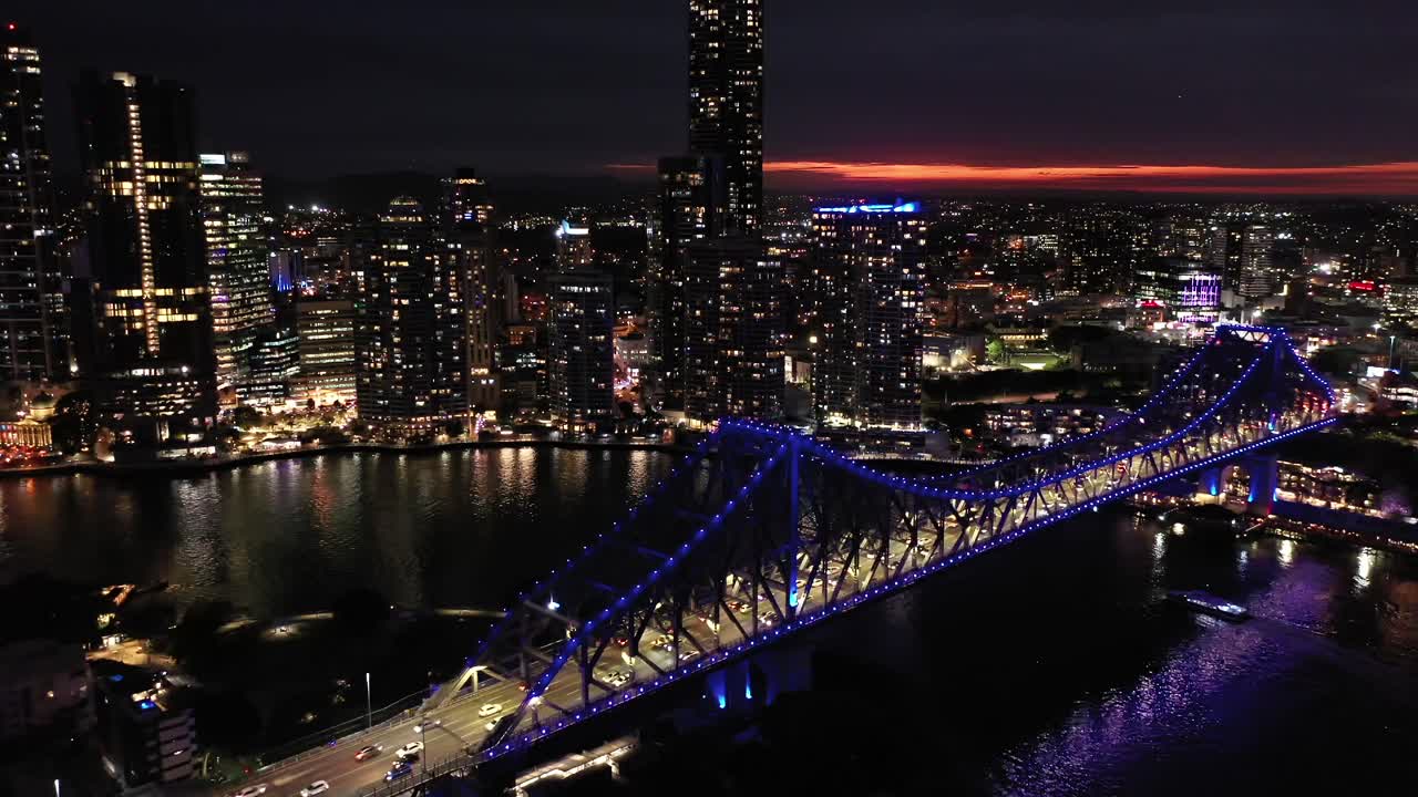 Establishing drone shot of Brisbane City's Story Bridge
