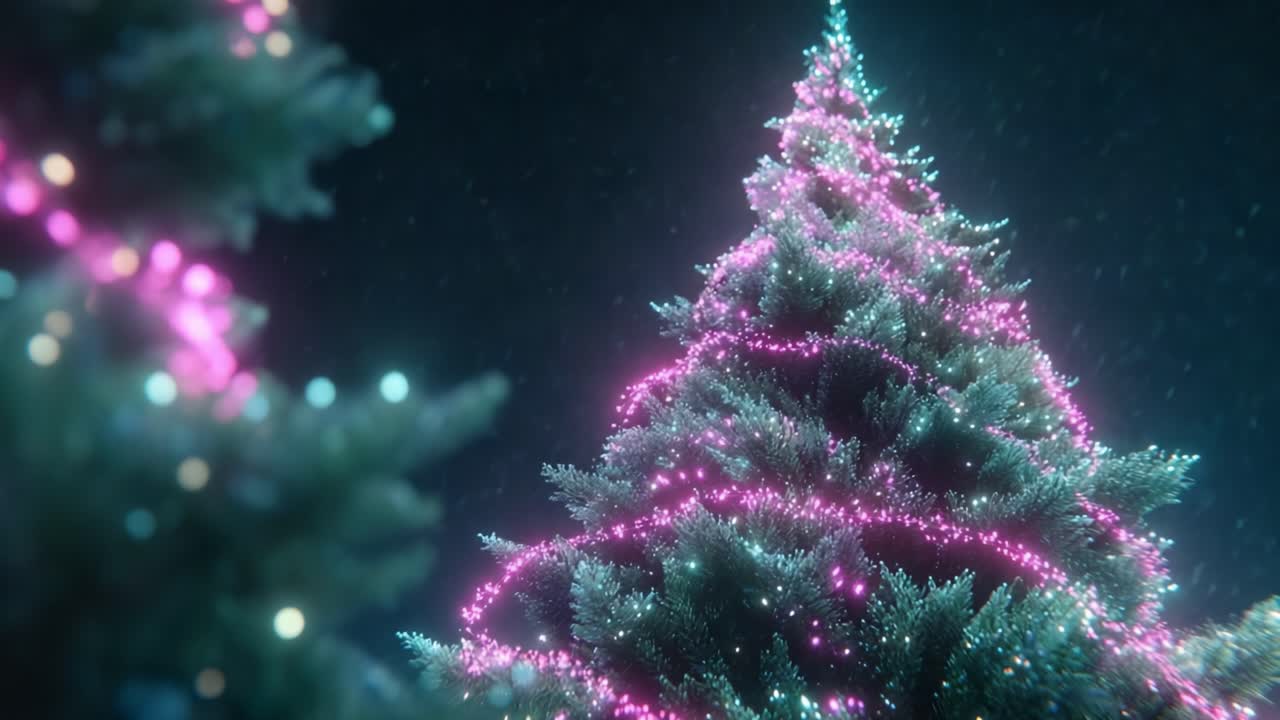 A Festive Celebration of Lights: A Stunning Display of a Christmas Tree Adorned with Colorful Lights and Sparkling Decorations in a Snowy Evening Setting