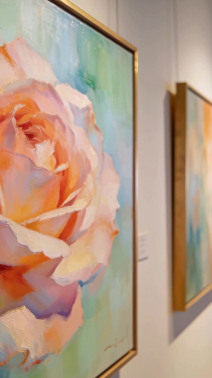 Video verticale: Telecamera che riprende a panoramare lungo la parete della galleria rivelando un dipinto di rose, un cartello, spazio per il testo.