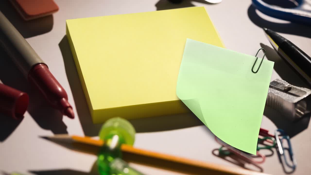 animación de nota de memorando con espacio de copia sobre artículos de papelería en el escritorio