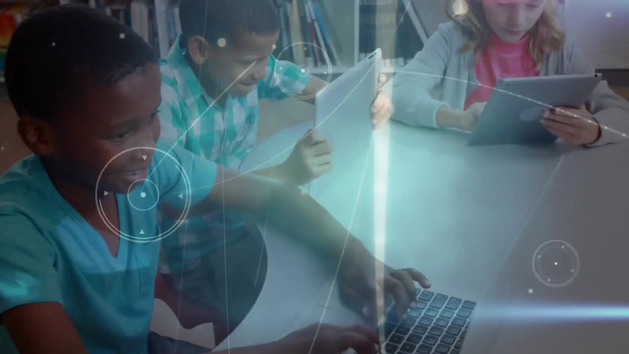 Network of connections against group of students using electronic devices at elementary school