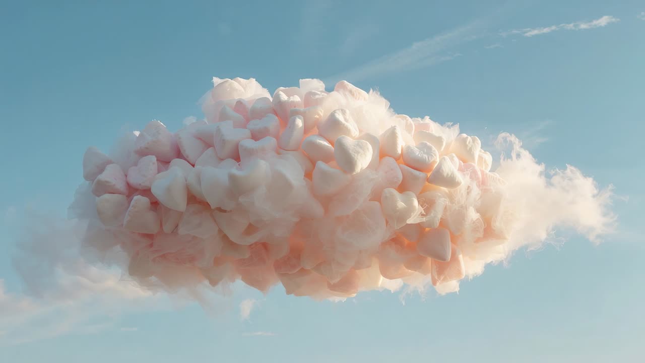Frames bevæger sig fremad, en flydende sky af lyserøde hjertepuf udvider sig på tværs af en blå himmel og viser tynd damp