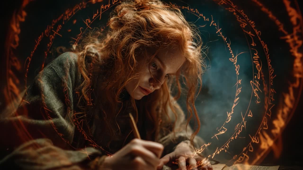 A Mystical Scholar Engaged in Ancient Manuscripts: The Enigmatic Process of Writing with Enchantment Surrounded by Glowing Symbols and a Potion of Knowledge