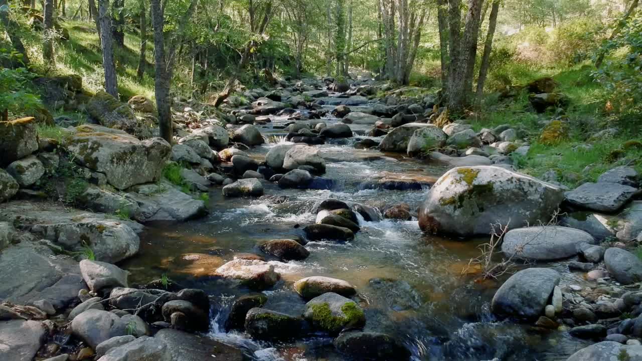 Et langsomt, fremadgående skud nær en flods overflade med mange sten.