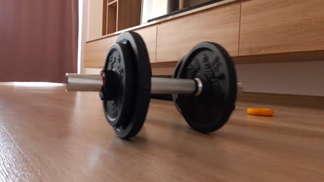 close up of dumbbells roll on the floor in the living room