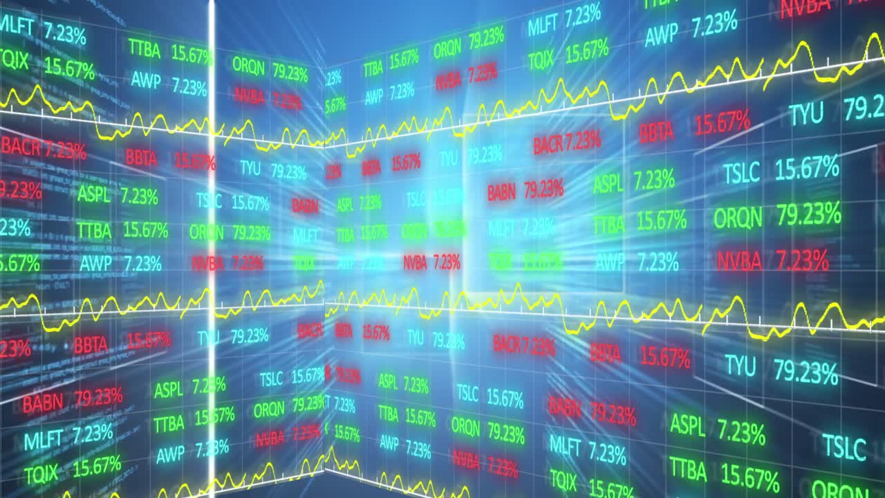 파란색 배경의 데이터 처리에 대한 주식 시장 데이터 처리의 디지털 애니메이션