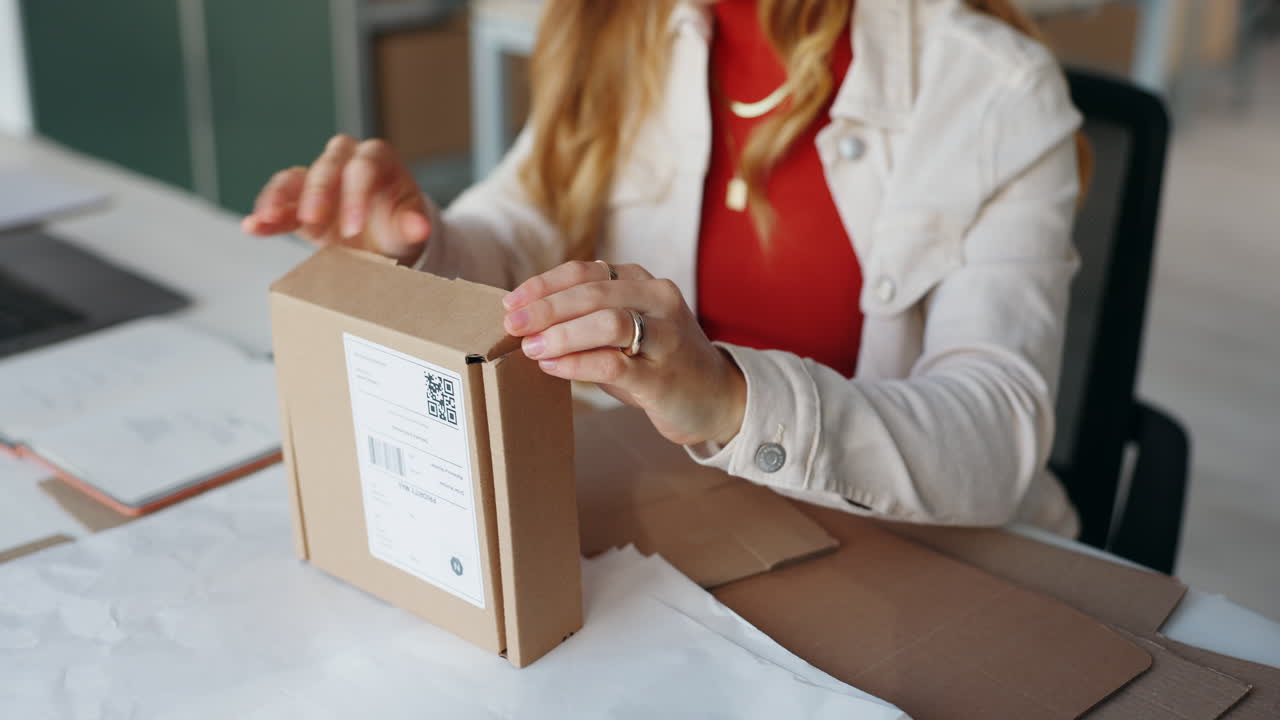 Woman packaging a box for delivery