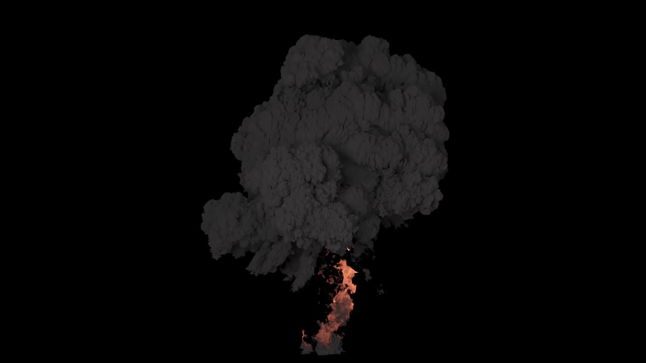 una fuerte explosión nuclear con mucho humo negro giratorio. una explosión con humo negro en un fondo aislado con un canal alfa, una explotión de combustible.