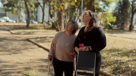 Two Women Strolling and Looking Up in a Sunny Park