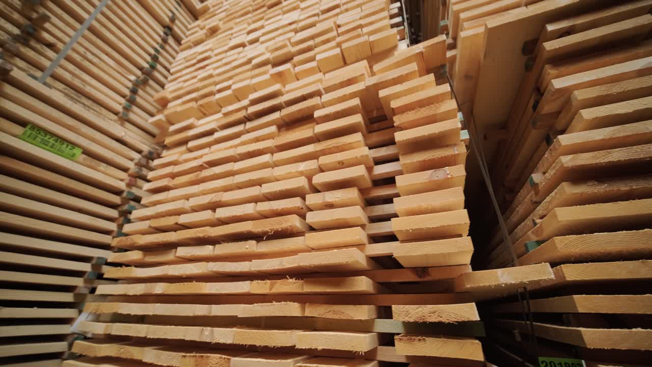 Large Stacks of Wooden Planks in a Timber Warehouse