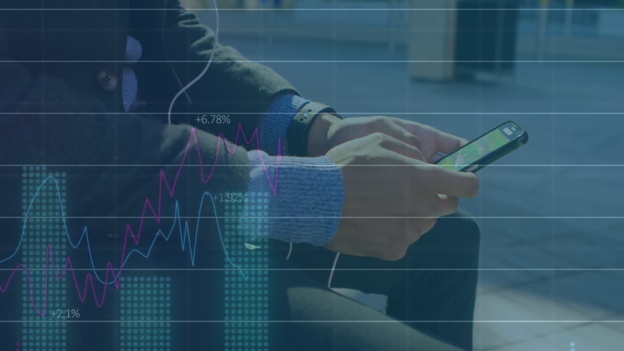 animación del procesamiento de datos estadísticos sobre la sección media del hombre que utiliza el teléfono inteligente en la calle