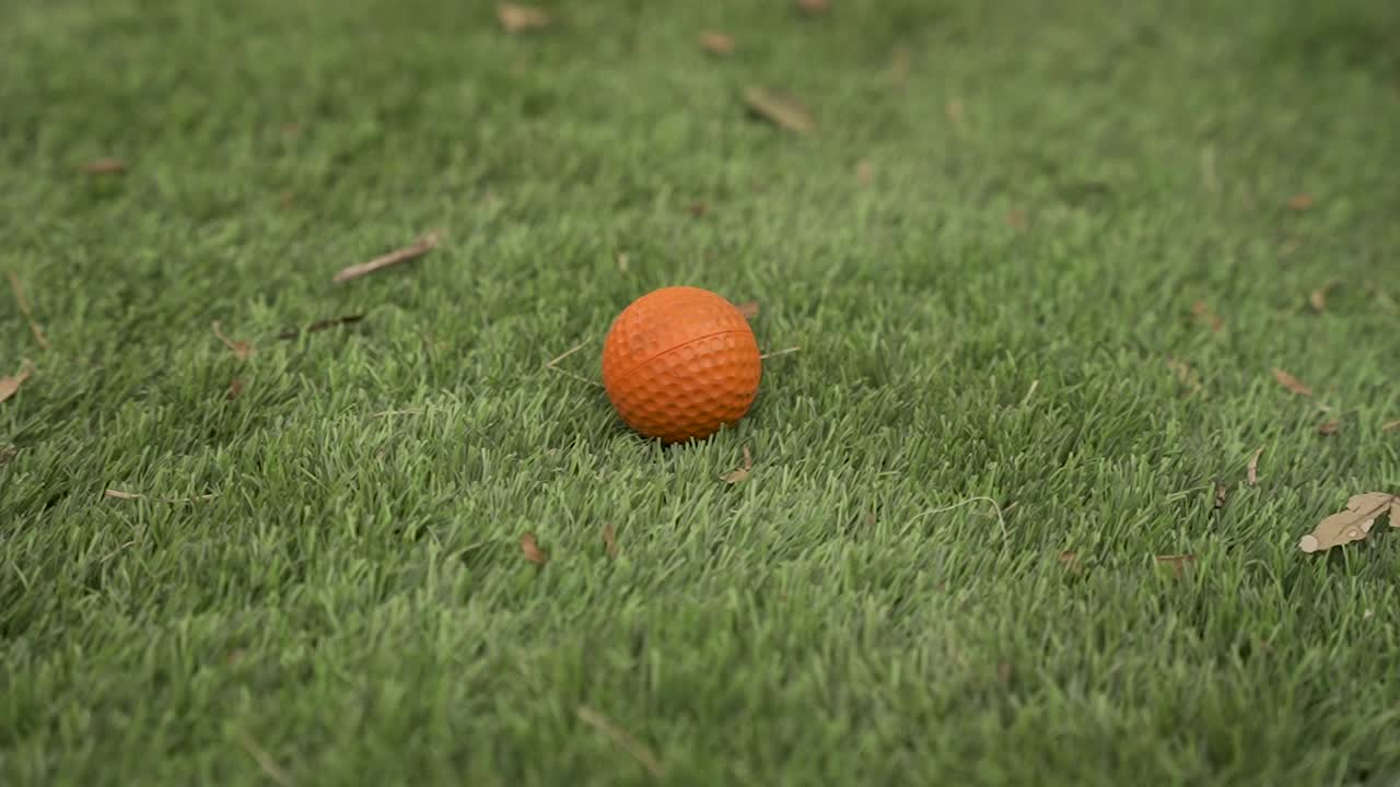 cierre en cámara lenta de una pelota de golf naranja en césped astro con hojas volando alrededor