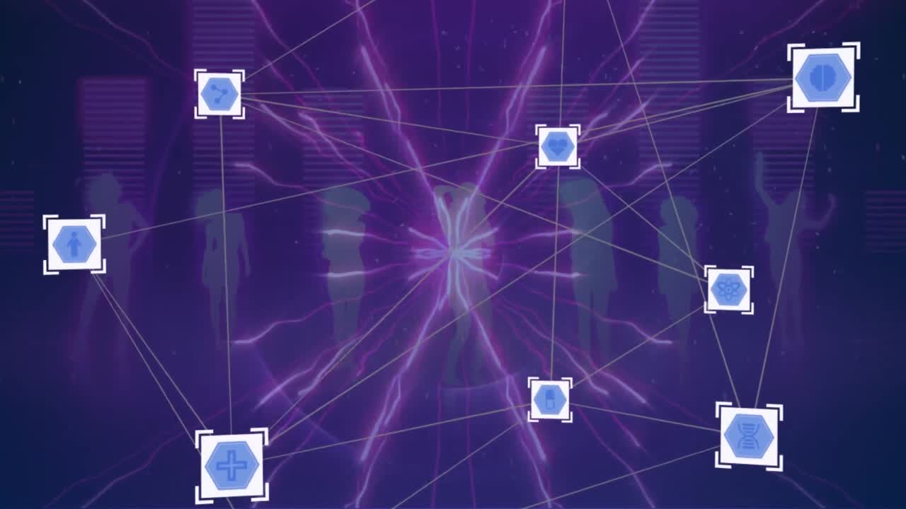 red de iconos digitales y ondas digitales contra el ecualizador de música y siluetas de personas bailando