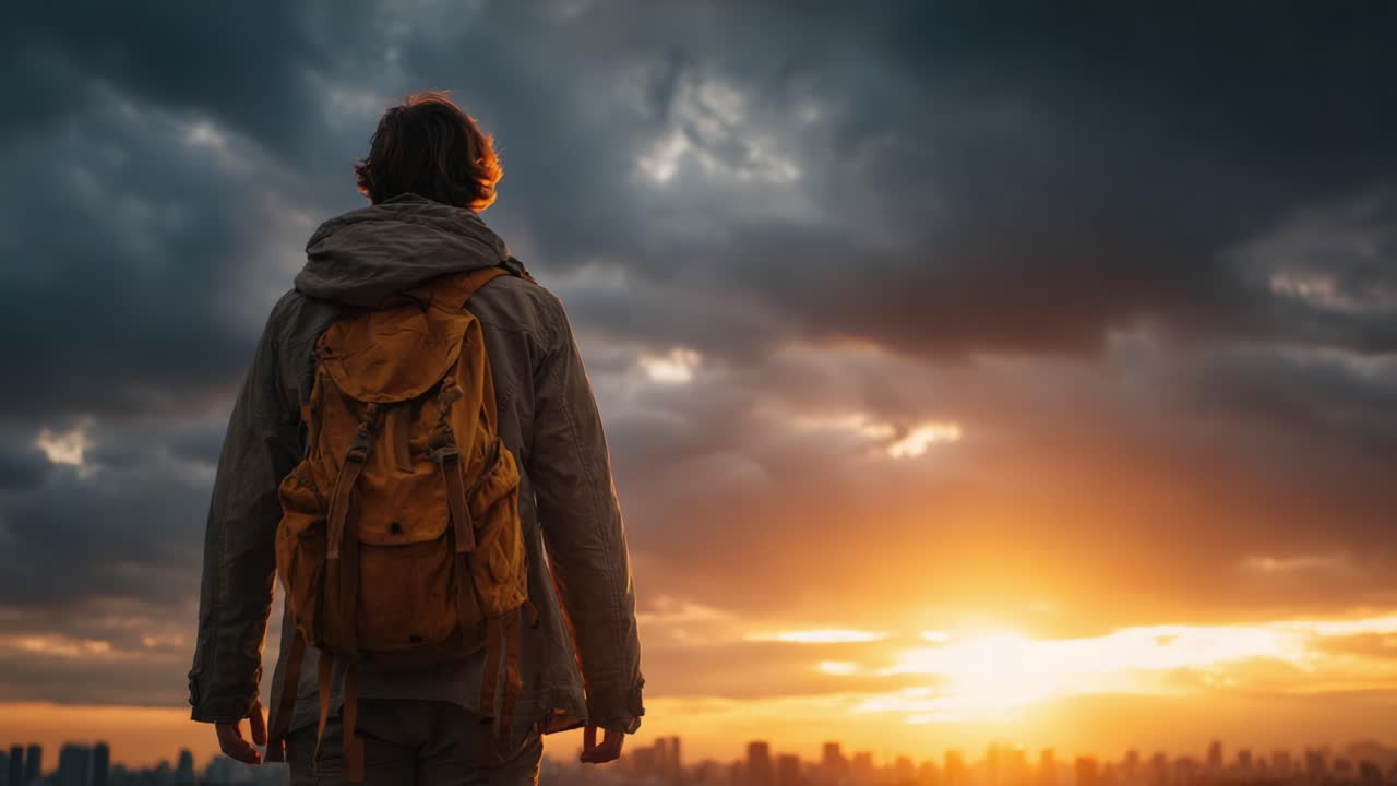 Un viaggiatore riflessivo che ammira uno splendido tramonto sullo skyline di una città, a simboleggiare l'avventura, la scoperta e il legame con la natura in una splendida cornice serale