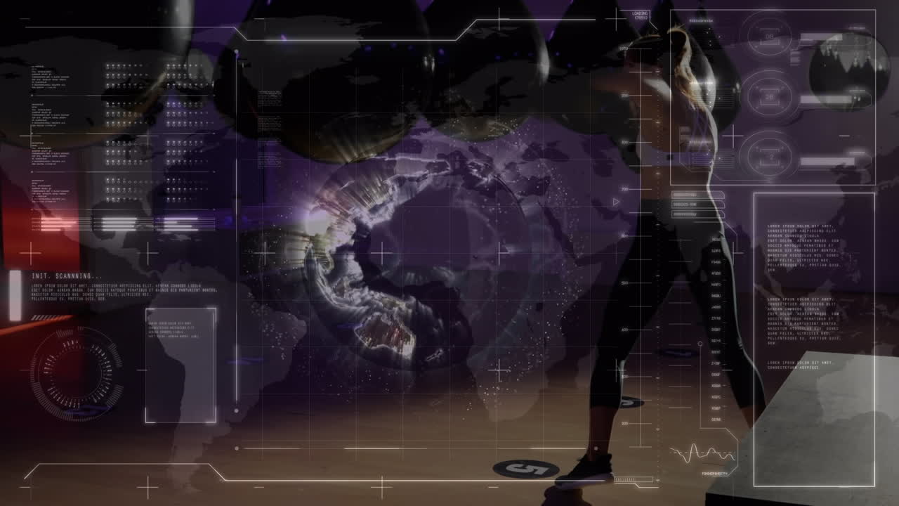 procesamiento de datos contra una boxeadora caucásica practicando sus golpes en el saco de boxeo