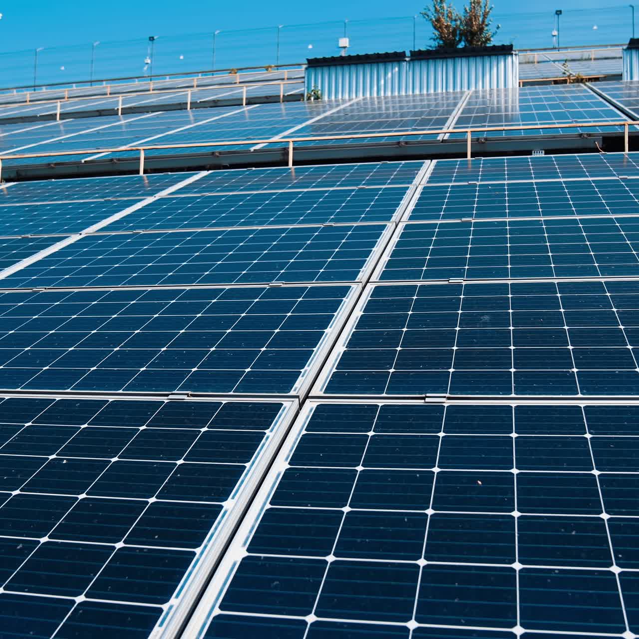 Green ecology sunlight electricity station. Fields of energy landscape electrical power innovation