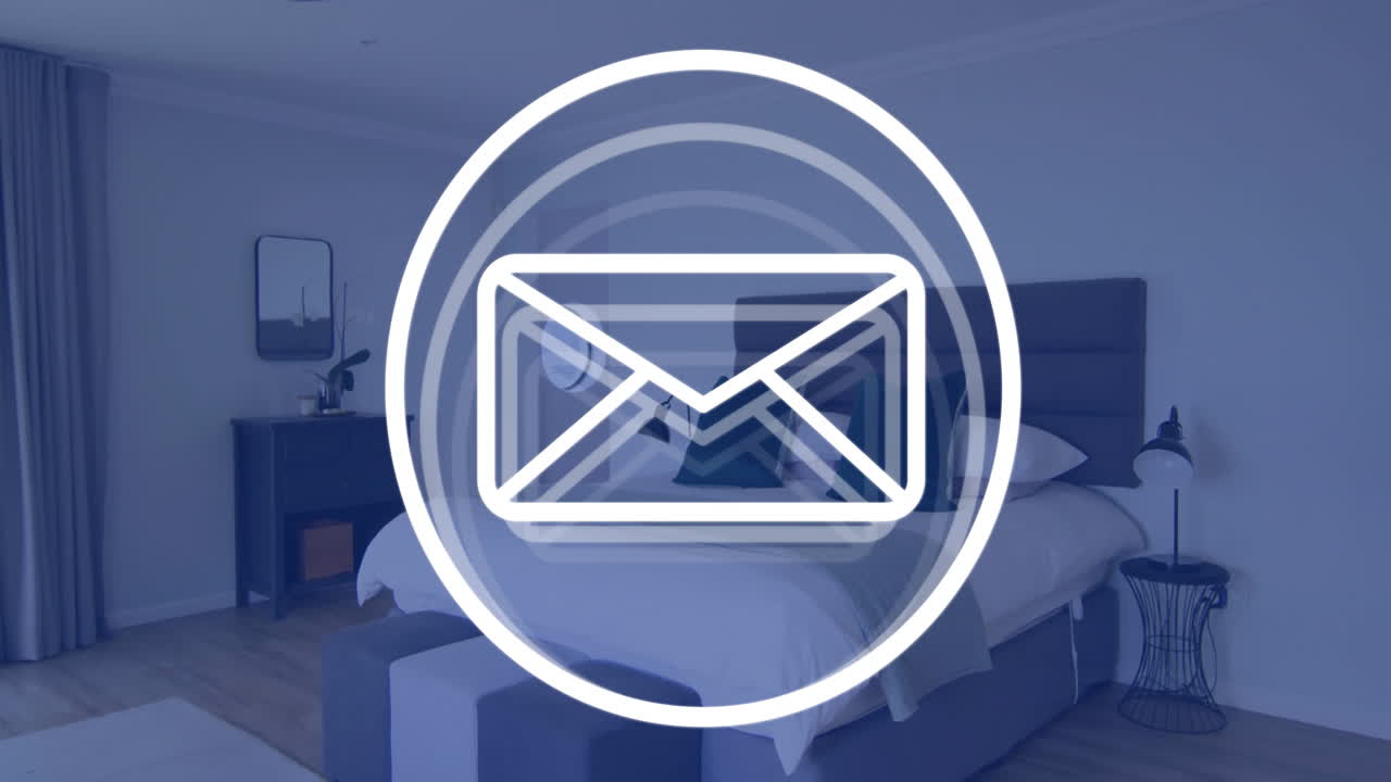 animación de íconos de correo electrónico sobre el interior moderno del dormitorio, concepto de comunicación digital