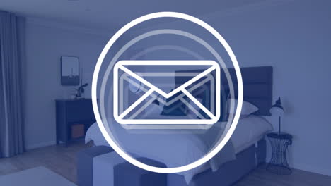 email icon animation over modern bedroom interior, digital communication concept