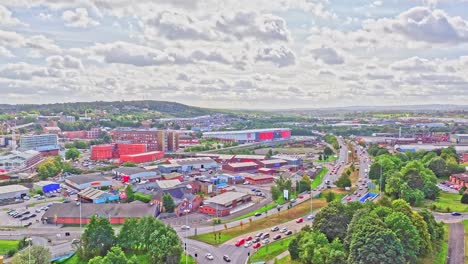 Aerial-View-Of-Intersection-Roads-Over-Urban-Landscape-In-Rotherham,-South-Yorkshire,-England