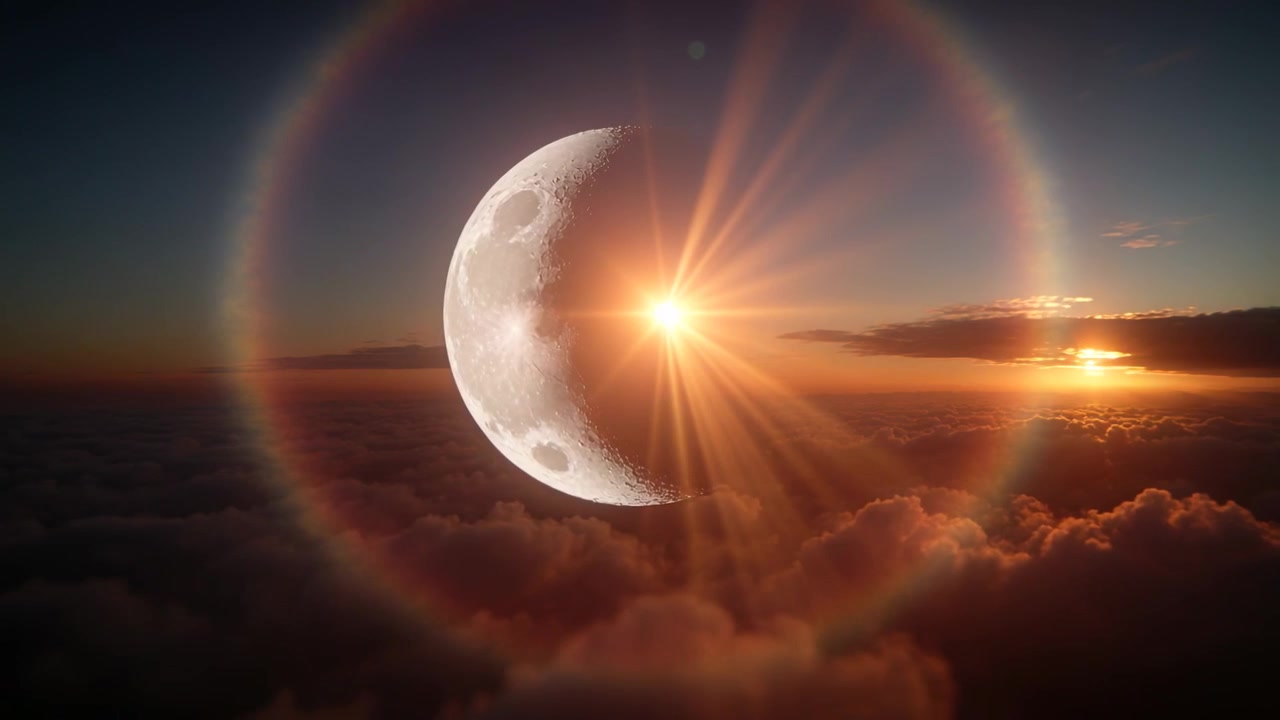 Lens flare building, fibrous sphere rotating in macro closeup, revealing sun and crescent moon