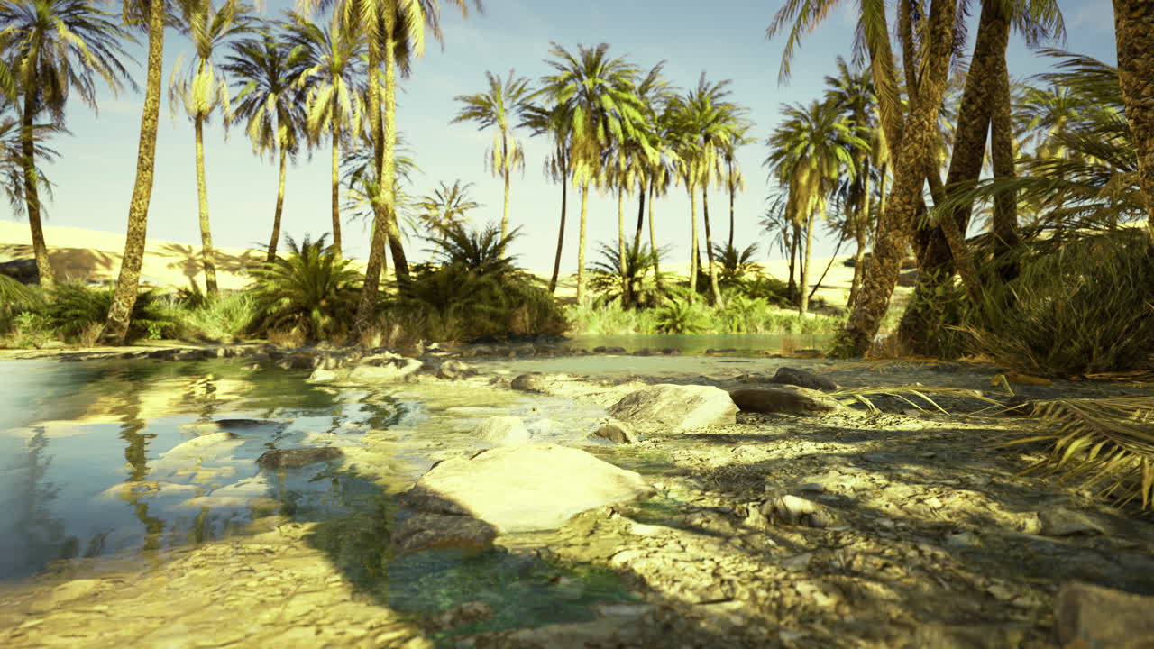 Serene oasis surrounded by palm trees in a tranquil desert landscape