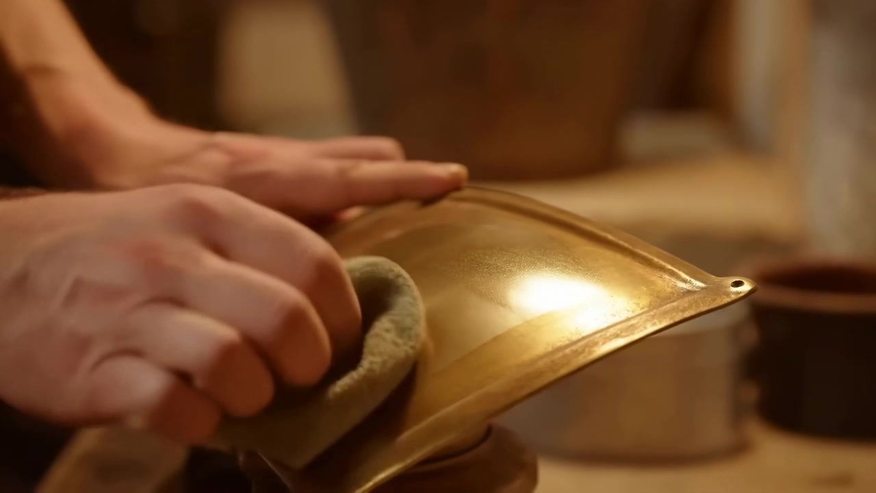 Mani che strofinano un panno morbido su una piastra di ottone curva nella calda luce di un'officina interna, creando un riflesso luminoso e una finitura più liscia sul metallo testurizzato mentre il meticoloso lavoro di restauro continua.