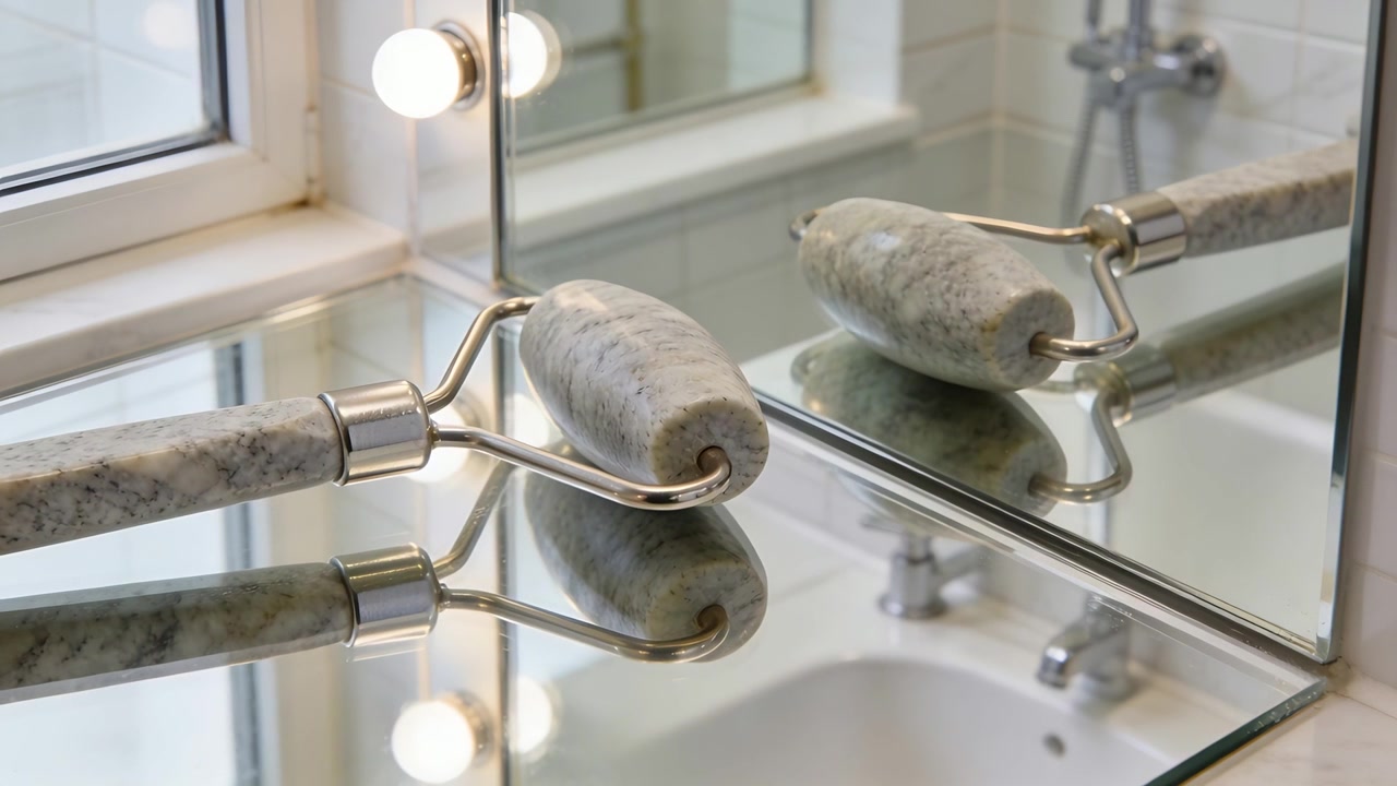 Lavabo ve duşu yansıtan aynada, cam rafta dönen mermer ruloyu görüntüleyen kayıt kamerası.