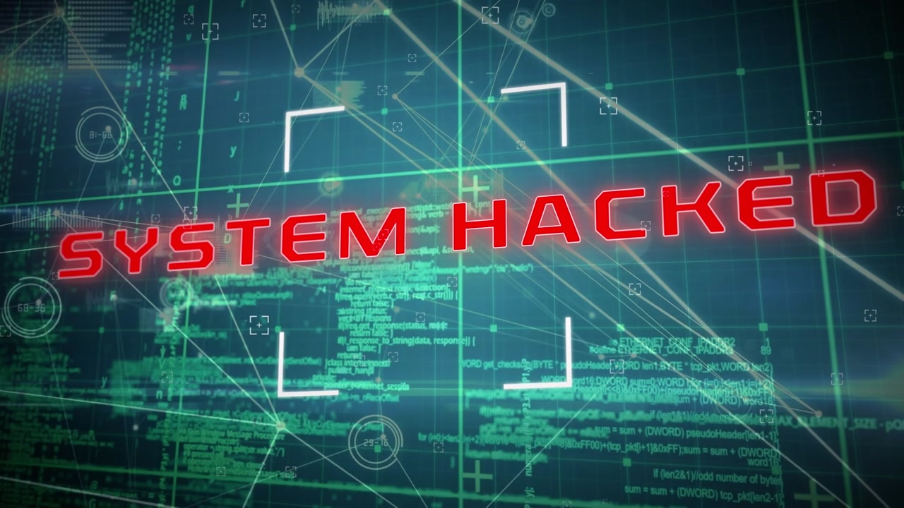 Animation of cyber attack warning text over data processing
