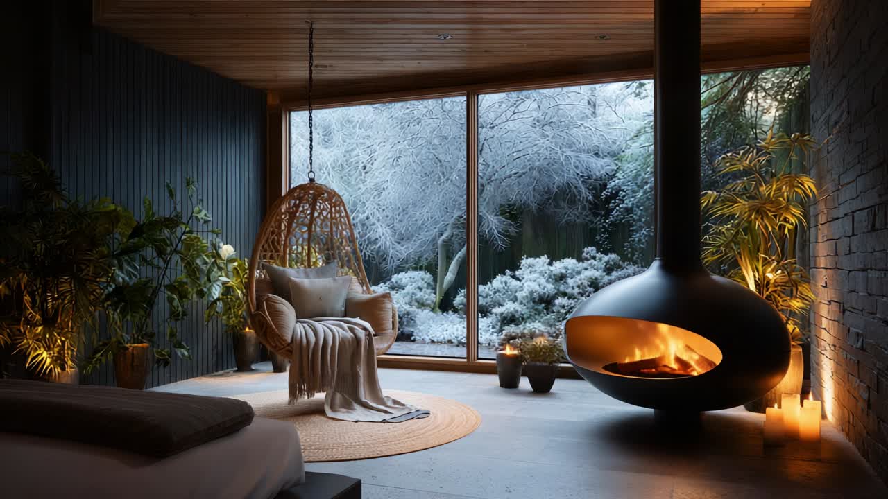 A Cozy Winter Retreat Featuring a Beautifully Designed Living Space with a Modern Fireplace, Elegant Swing Chair, and a Serene Snowy Landscape Outside, Perfect for Relaxation and Comfort