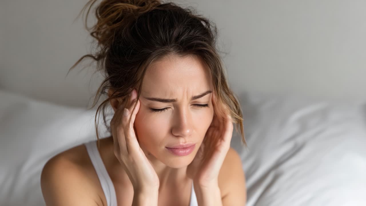 A Young Woman Experiencing Discomfort and Stress in Bed, Struggling with Headache and Emotional Fatigue While Dealing with Daily Life Challenges