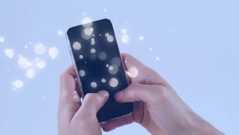푸른 배경에 스마트 폰을 사용하는 여성 위에 여러 개의  ⁇  반점의 애니메이션