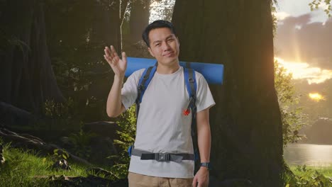 smiling hiker in forest