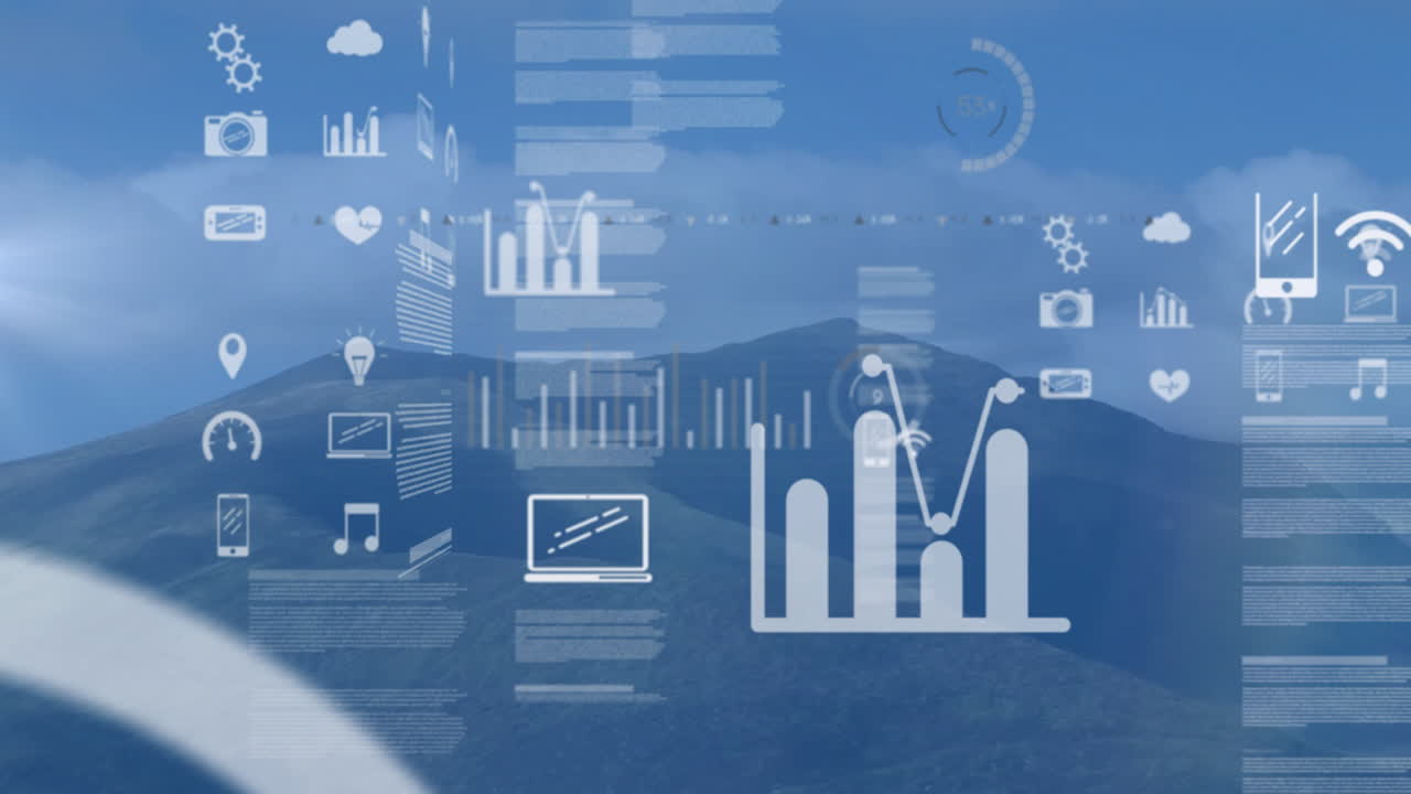 Technology and data analytics icons overlaying animation of mountain landscape