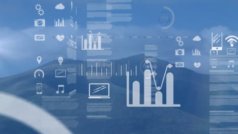 technology and data analytics icons overlaying animation of mountain landscape