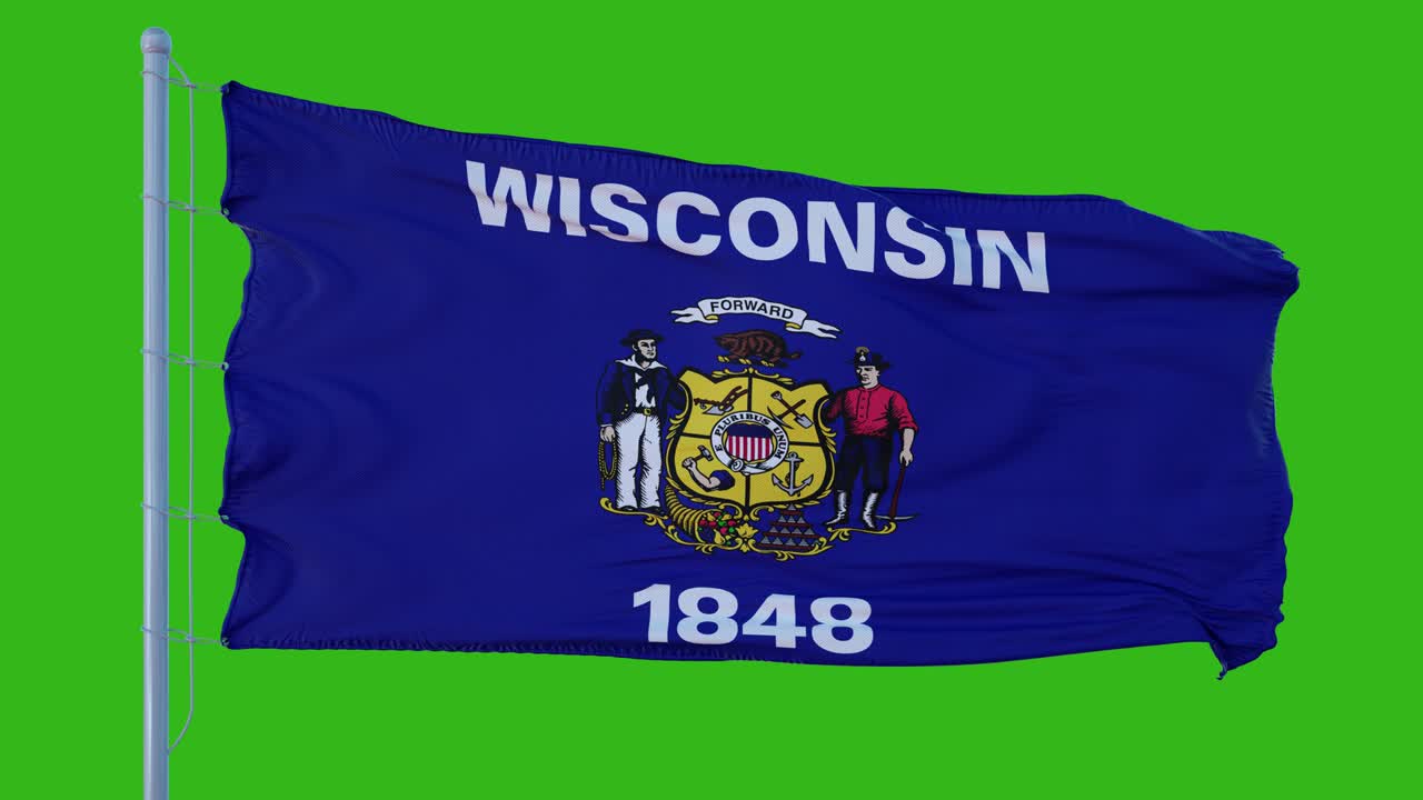 la bandera del estado de wisconsin ondeando en el viento contra el fondo de la pantalla verde