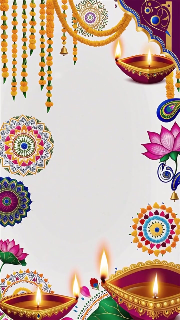 Sfondo Diwali con Diyas luminosi, Rangoli e fiori di loto