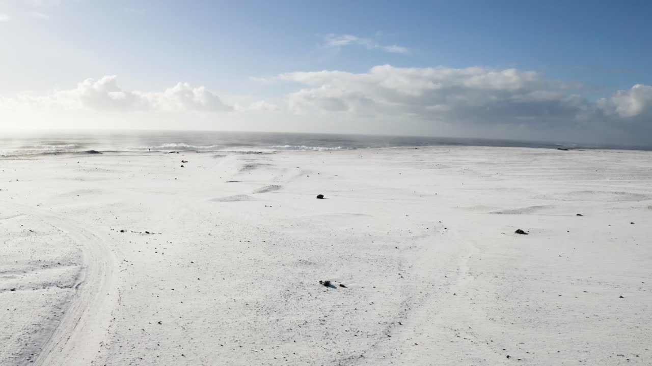 Aerial Drone Shot Footage over Endless Snow Covered Scenery of Iceland Shore, Flying Over the Horizon