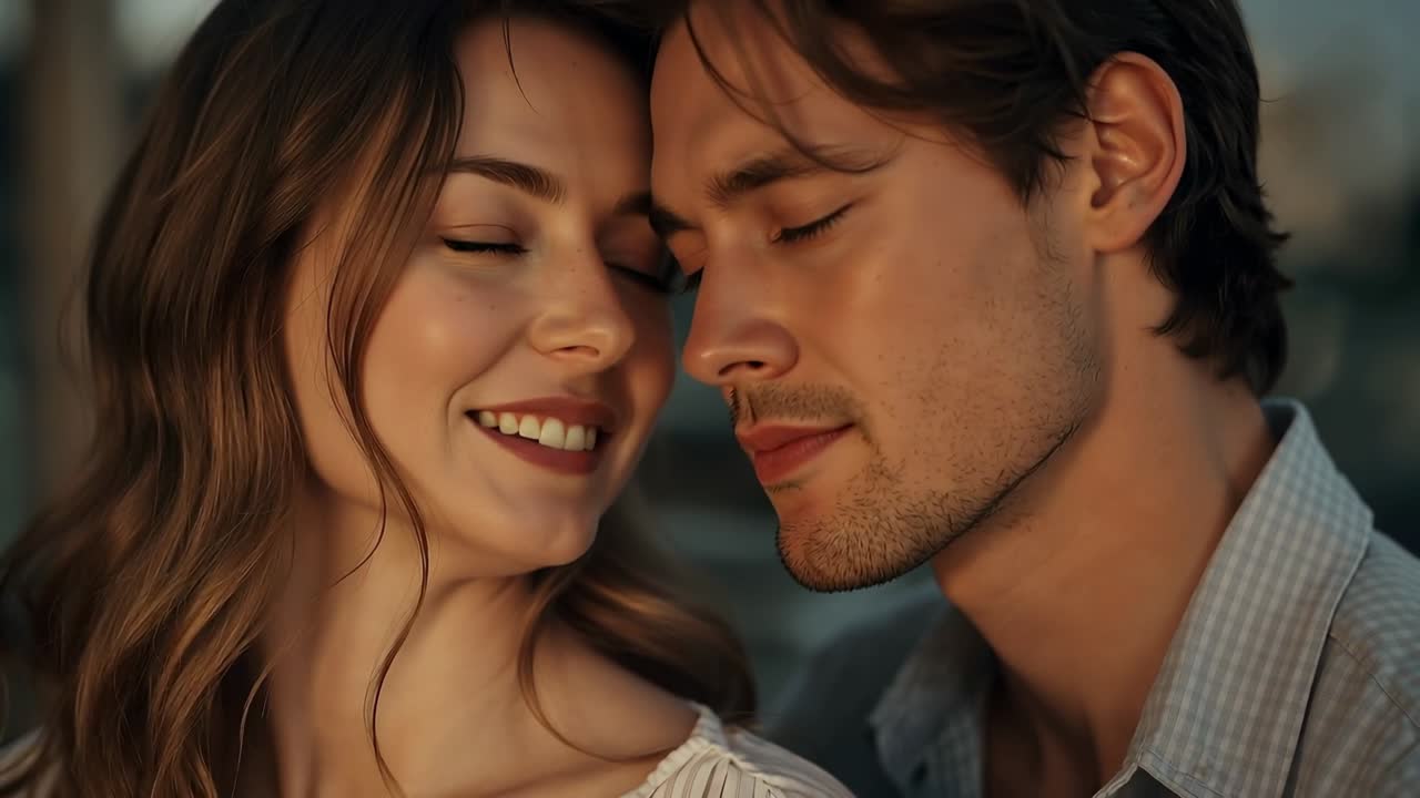 Leaning man nuzzling woman on rooftop at sunset, sharing affection, white blouse and light shirt