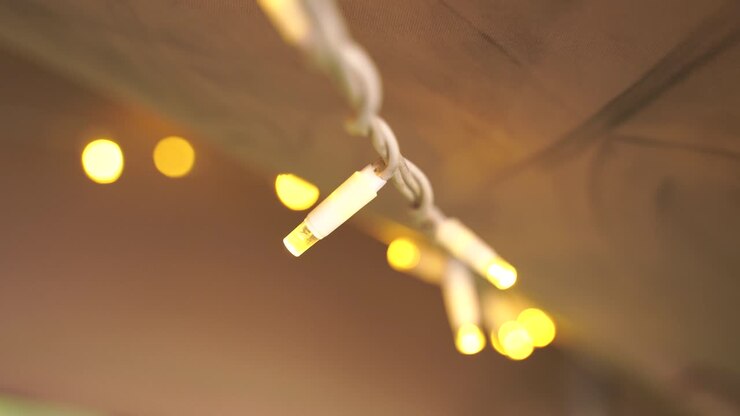 A close-up shot of hanging fairy lights