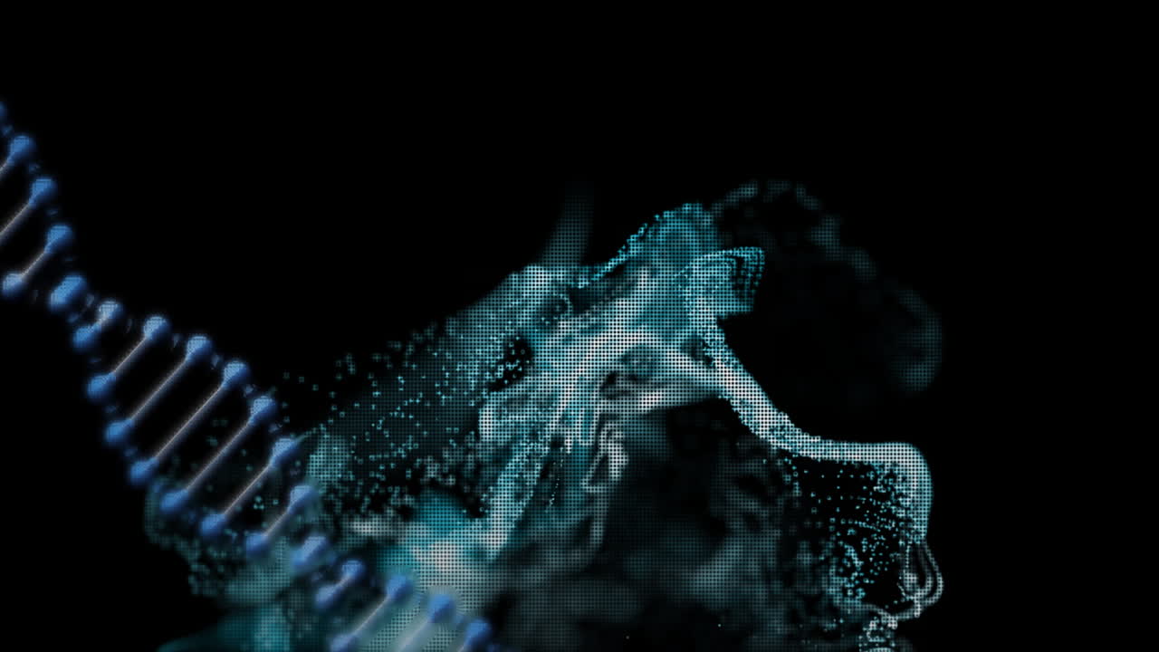 Animation of dna strand and glowing mesh with network of connections
