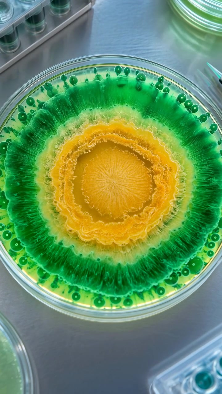 Overhead sequence shows vivid green material spreading inward and outward around a yellow center, creating layered circular bands inside a clear dish on a reflective laboratory surface.