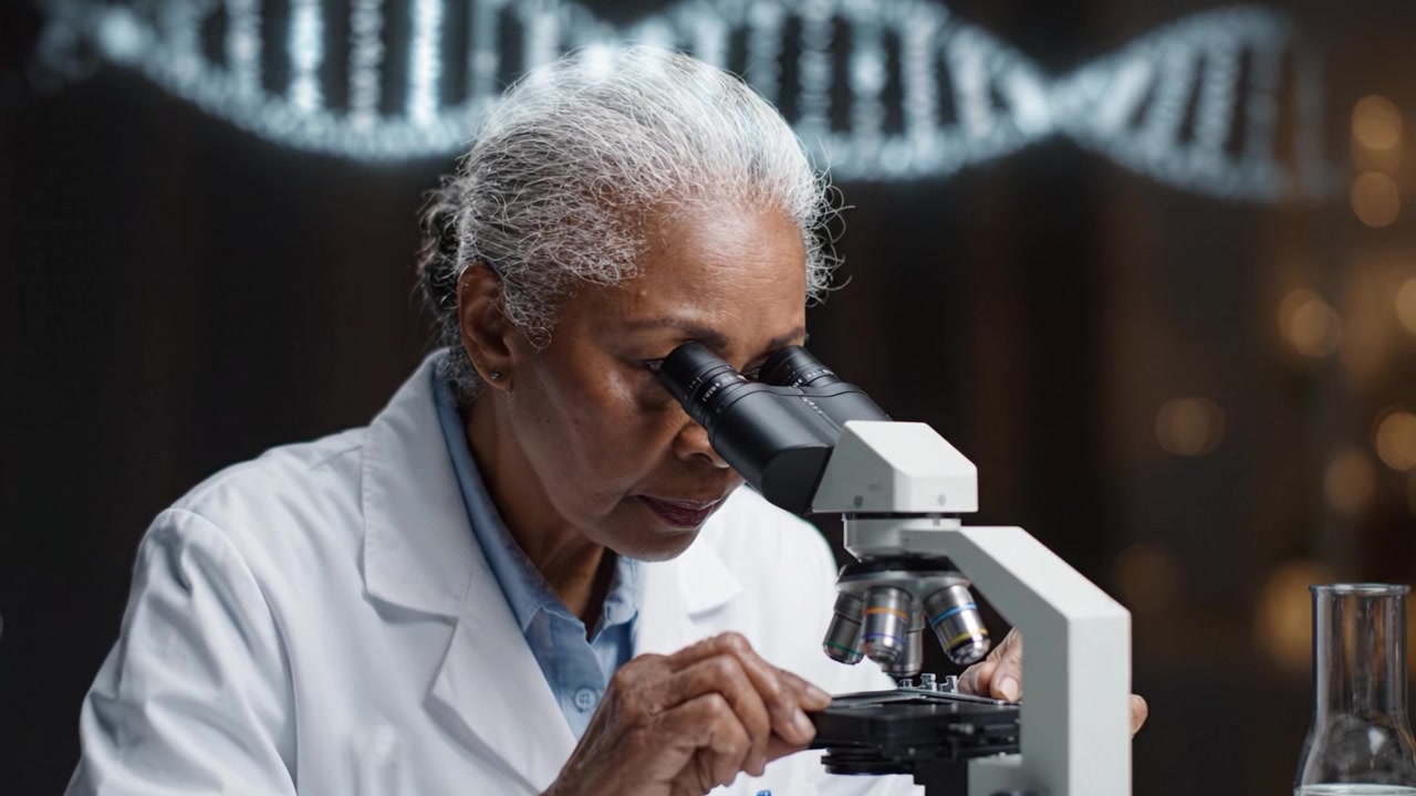 Uno scienziato esperto che analizza campioni al microscopio, osservando modelli di DNA e conducendo importanti ricerche in un laboratorio moderno.