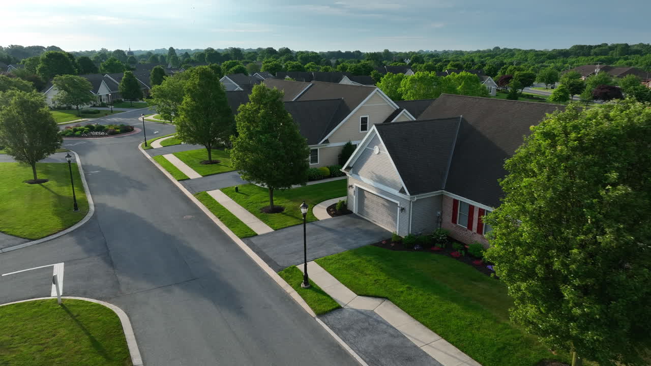 New single story homes in USA with mature trees along street