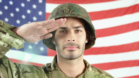 animation of light spot moving over caucasian male soldier saluting against waving american flag