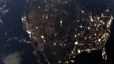 night view of planet earth globe spinning from the space with united states and mexico illuminated at night light pollution 3d rendering animation