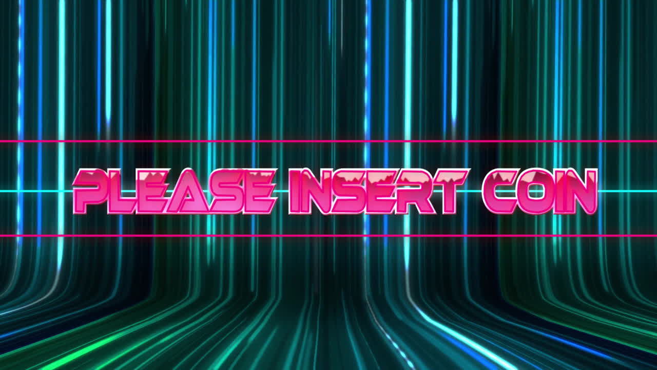 Please insert coin text over neon lines background, retro arcade animation