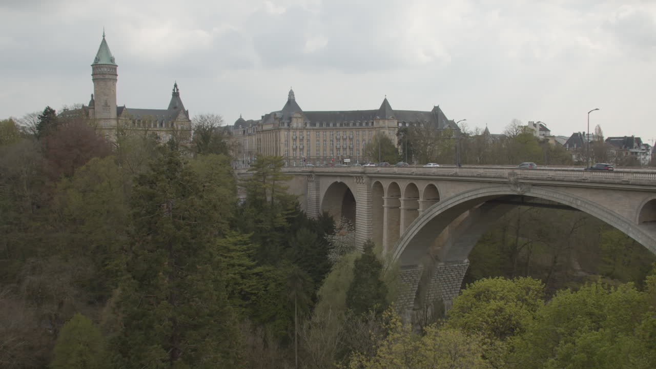 Panning over Adolphe bridge to the old part of Luxembourg city