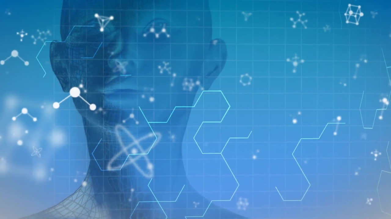 Animation von Element- und Molekularstrukturen über dem Kopf eines weiblichen Avatars auf blauem Hintergrund