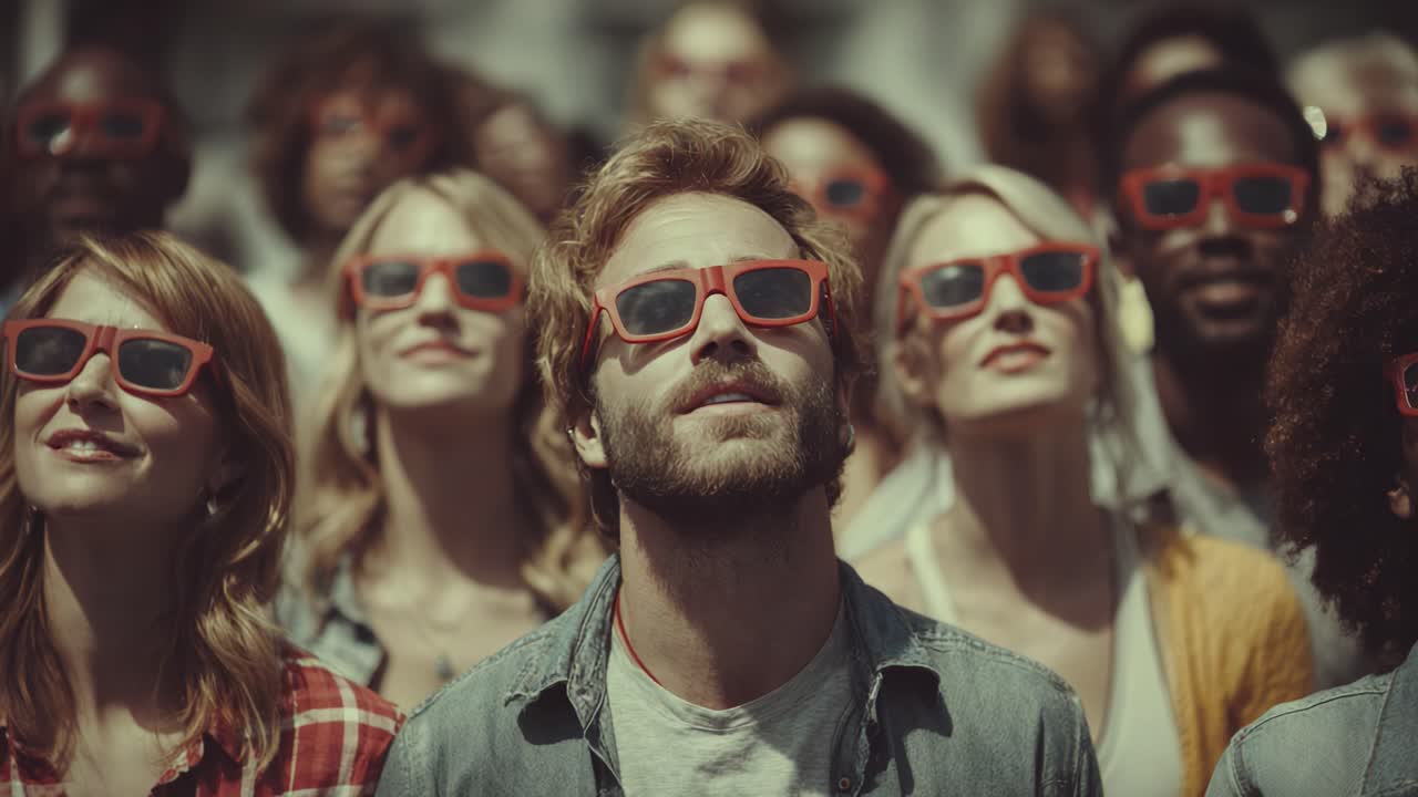 Enthusiastic crowd wearing red sunglasses, captivated by an engaging spectacle, showcasing a diverse group lost in wonder and excitement under bright sunlight