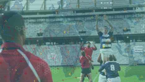 animation of data processing and world map over diverse rugby players at stadium